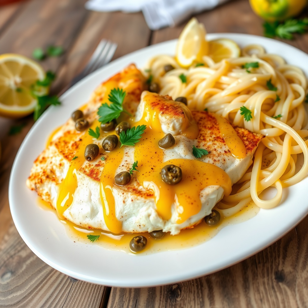 Plated Chicken Piccata with lemon-caper sauce and parsley, alongside pasta on a rustic table.